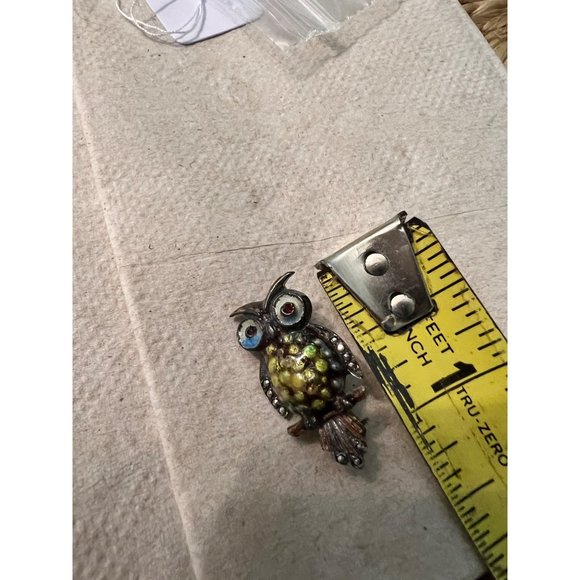 Alice Caviness 1950s Small Sterling Guilloche Enamel Marcasite Owl Bird Pin Broo - Picture 9 of 10